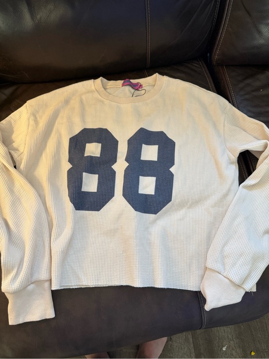 Edikted Tops - Edikted Cream Waffle Knit Long Sleeve Tee with Navy 88 Graphic
